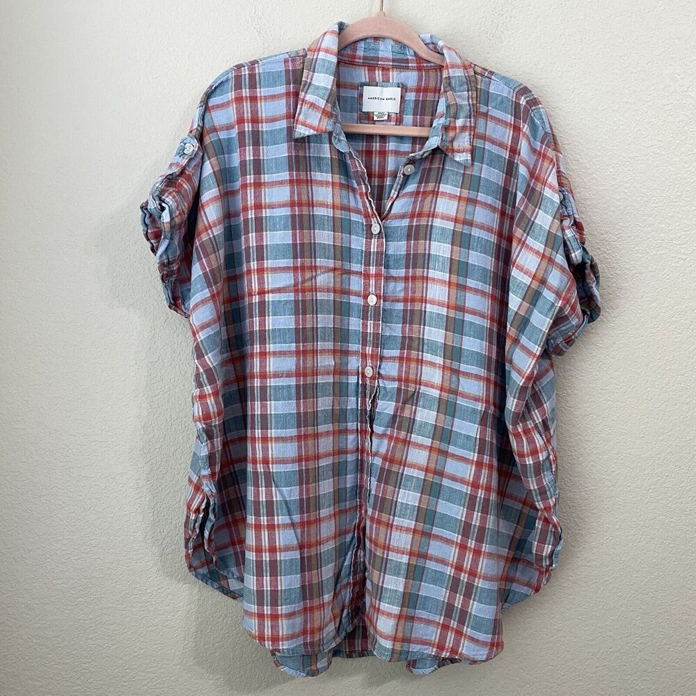 American Eagle Shirt Womens Medium Plaid Linen Blend Green Red Button Front